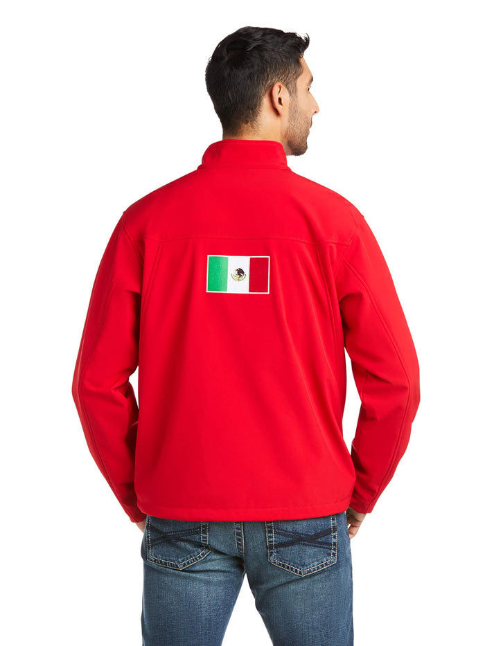 Ariat 10033525 Mens New Team Softshell MEXICO Jacket Red front view. If you need any assistance with this item or the purchase of this item please call us at five six one seven four eight eight eight zero one Monday through Saturday 10:00a.m EST to 8:00 p.m EST