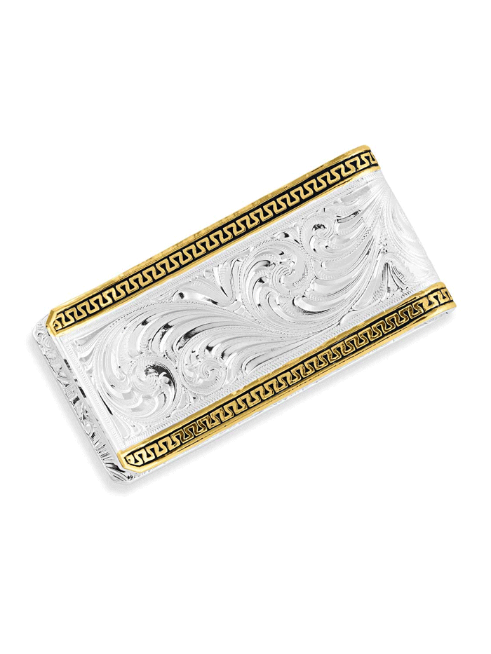 Montana Silversmiths MCL5235 Two-Tone Carved Longhorn Money Clip Silver front view. If you need any assistance with this item or the purchase of this item please call us at five six one seven four eight eight eight zero one Monday through Saturday 10:00a.m EST to 8:00 p.m EST