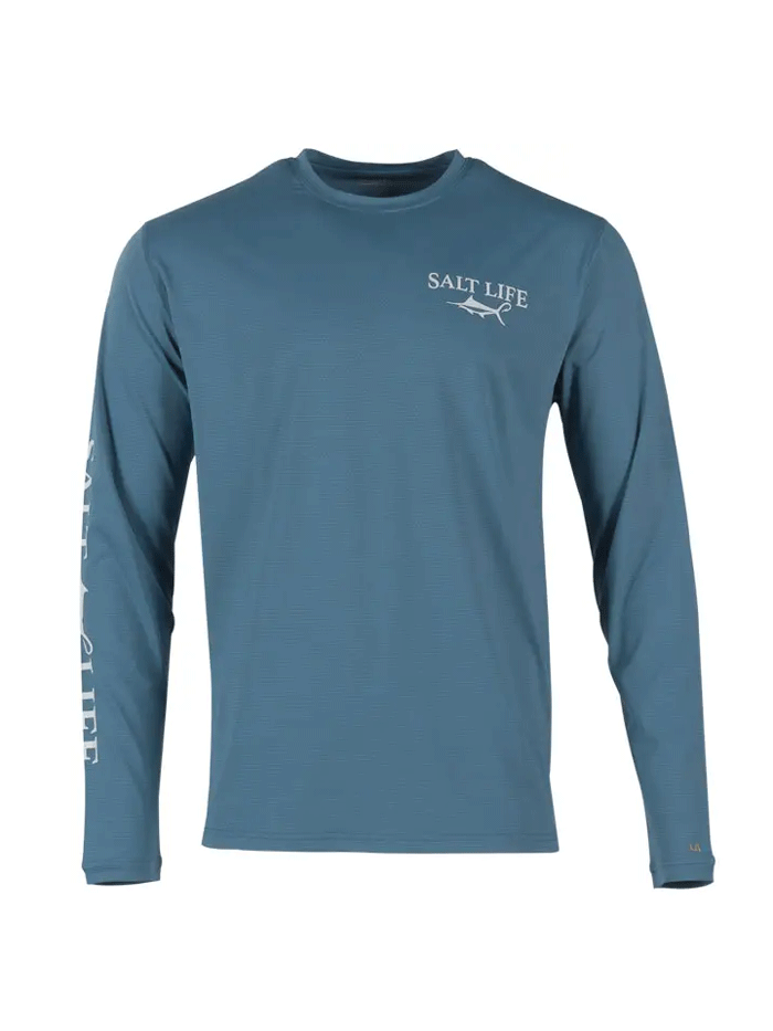 Salt Life SLM6242 Mens Dragnet Long Sleeve Performance Tee Coastal Blue back view. If you need any assistance with this item or the purchase of this item please call us at five six one seven four eight eight eight zero one Monday through Saturday 10:00a.m EST to 8:00 p.m EST