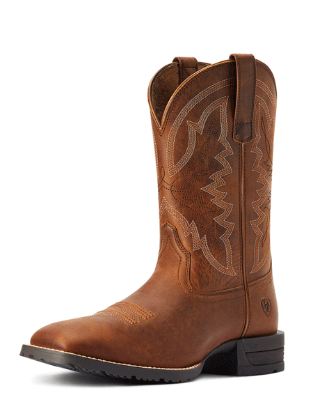 Ariat 10042395 Mens Hybrid Ranchwork Western Boot Thatch Brown outter side and front view. If you need any assistance with this item or the purchase of this item please call us at five six one seven four eight eight eight zero one Monday through Saturday 10:00a.m EST to 8:00 p.m EST