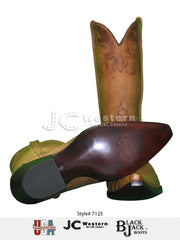 Black Jack 7125 Mens Caiman Belly Triad Boots Saddle Tan sole and front view. If you need any assistance with this item or the purchase of this item please call us at five six one seven four eight eight eight zero one Monday through Saturday 10:00a.m EST to 8:00 p.m EST