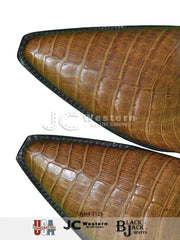 Black Jack 7125 Mens Caiman Belly Triad Boots Saddle Tan toe view. If you need any assistance with this item or the purchase of this item please call us at five six one seven four eight eight eight zero one Monday through Saturday 10:00a.m EST to 8:00 p.m EST
