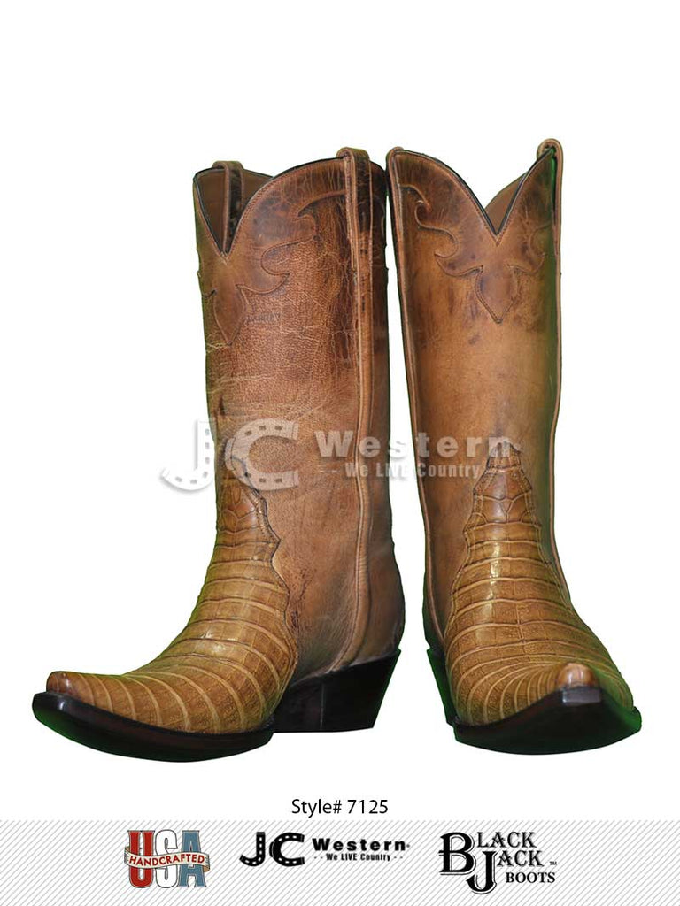 Black Jack 7125 Mens Caiman Belly Triad Boots Saddle Tan side and front view. If you need any assistance with this item or the purchase of this item please call us at five six one seven four eight eight eight zero one Monday through Saturday 10:00a.m EST to 8:00 p.m EST