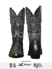 Black Jack HT-1411 Mens Handtooled Vintage Western Boots Black front and back view. If you need any assistance with this item or the purchase of this item please call us at five six one seven four eight eight eight zero one Monday through Saturday 10:00a.m EST to 8:00 p.m EST