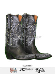 Black Jack HT-1411 Mens Handtooled Vintage Western Boots Black outter side view of pair. If you need any assistance with this item or the purchase of this item please call us at five six one seven four eight eight eight zero one Monday through Saturday 10:00a.m EST to 8:00 p.m EST
