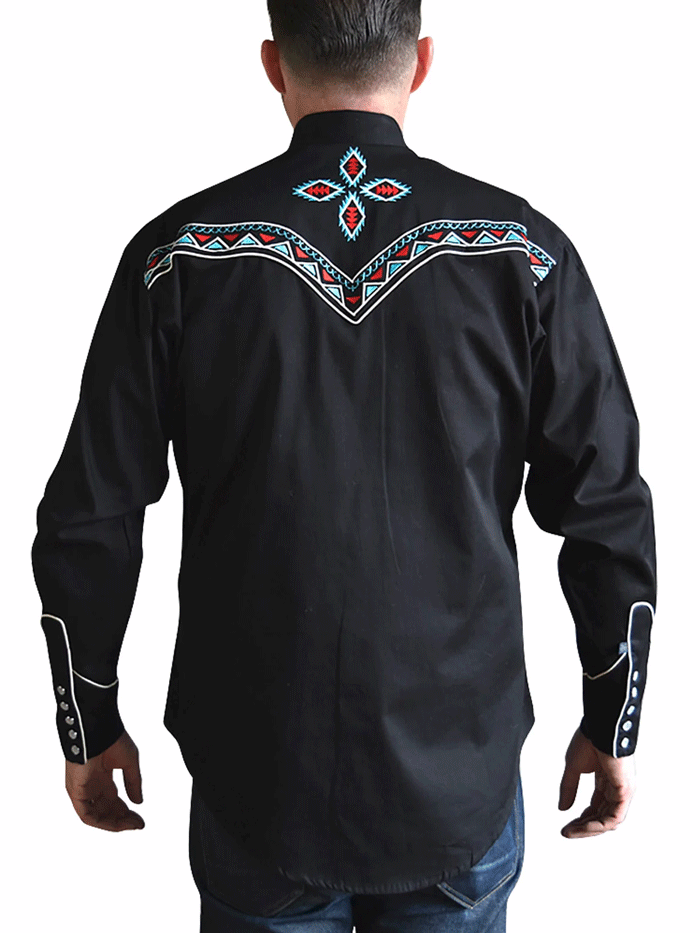 Rockmount 6860 Mens Native Pattern Embroidery Western Shirt Black front view. If you need any assistance with this item or the purchase of this item please call us at five six one seven four eight eight eight zero one Monday through Saturday 10:00a.m EST to 8:00 p.m EST