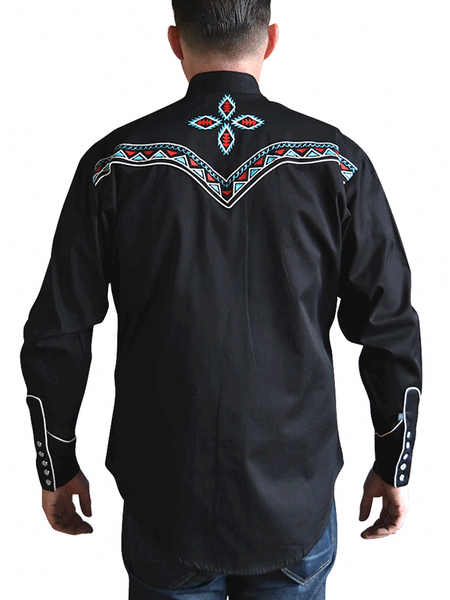 Rockmount 6860 Mens Native Pattern Embroidery Western Shirt Black back view