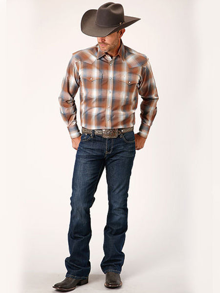 Roper 03-001-0278-2091 Mens Amarillo Long Sleeve Western Plaid Shirt Rust front view. If you need any assistance with this item or the purchase of this item please call us at five six one seven four eight eight eight zero one Monday through Saturday 10:00a.m EST to 8:00 p.m EST