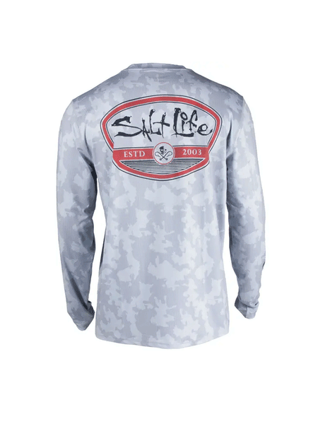 Salt Life SLM6167 Mens CamoX Long Sleeve Performance Pocket Tee Grey back view. If you need any assistance with this item or the purchase of this item please call us at five six one seven four eight eight eight zero one Monday through Saturday 10:00a.m EST to 8:00 p.m EST