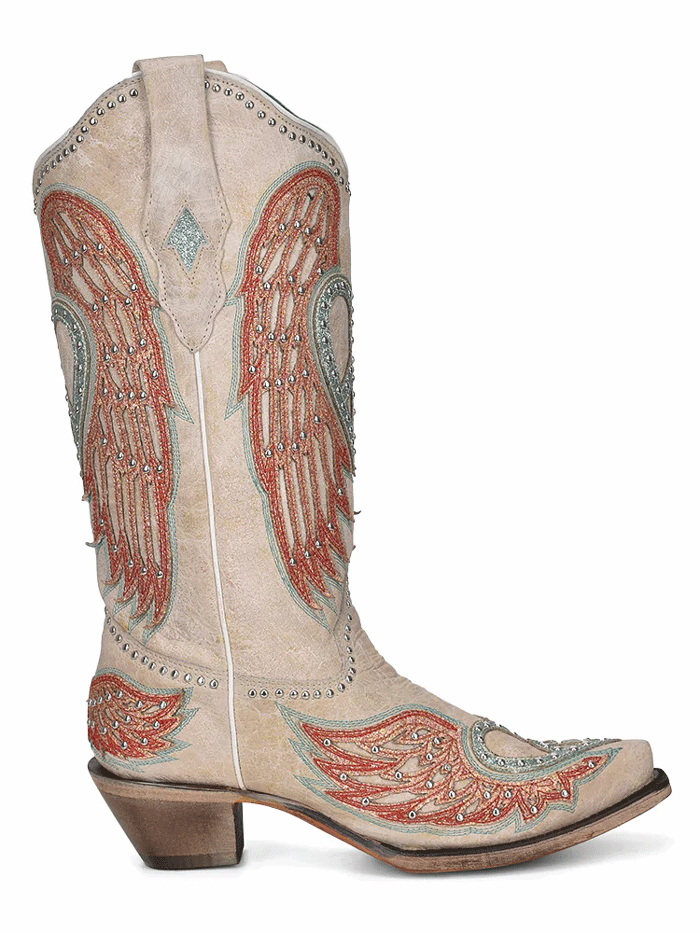 Corral A4236 Ladies Heart Wings Overlay Embroidered Boots Bone side-front view. If you need any assistance with this item or the purchase of this item please call us at five six one seven four eight eight eight zero one Monday through Saturday 10:00a.m EST to 8:00 p.m EST