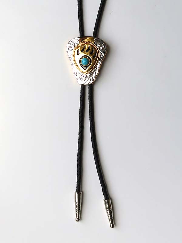Double S 22281 Bear Paw Turquoise Stone Bolo Tie Gold close up front view.  If you need any assistance with this item or the purchase of this item please call us at five six one seven four eight eight eight zero one Monday through Saturday 10:00a.m EST to 8:00 p.m EST