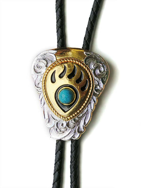 Double S 22281 Bear Paw Turquoise Stone Bolo Tie Gold close up front view.  If you need any assistance with this item or the purchase of this item please call us at five six one seven four eight eight eight zero one Monday through Saturday 10:00a.m EST to 8:00 p.m EST