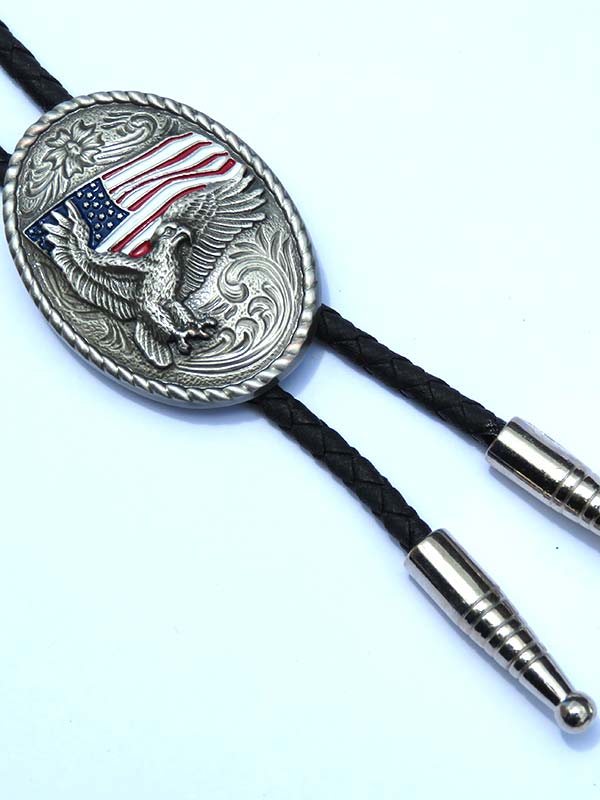 Double S 22612 Eagle with USA Flag Oval Bolo Tie Silver front view. If you need any assistance with this item or the purchase of this item please call us at five six one seven four eight eight eight zero one Monday through Saturday 10:00a.m EST to 8:00 p.m EST