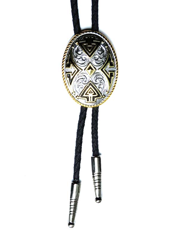 Double S 22732 Aztec Oval Concho Bolo Tie Silver front view close up . If you need any assistance with this item or the purchase of this item please call us at five six one seven four eight eight eight zero one Monday through Saturday 10:00a.m EST to 8:00 p.m EST