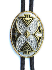Double S 22732 Aztec Oval Concho Bolo Tie Silver front view close up . If you need any assistance with this item or the purchase of this item please call us at five six one seven four eight eight eight zero one Monday through Saturday 10:00a.m EST to 8:00 p.m EST