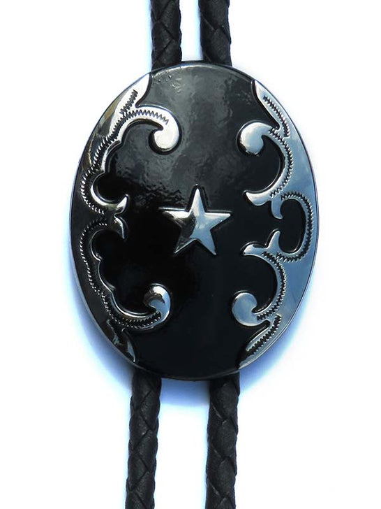 Black Oval with Star Concho Bolo Tie 22744 front view. If you need any assistance with this item or the purchase of this item please call us at five six one seven four eight eight eight zero one Monday through Saturday 10:00a.m EST to 8:00 p.m EST