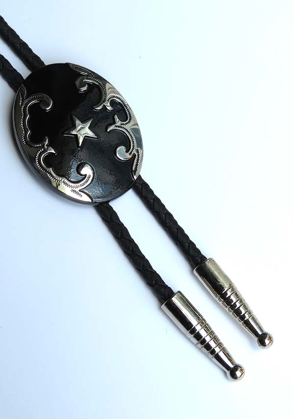Black Oval with Star Concho Bolo Tie 22744 front view. If you need any assistance with this item or the purchase of this item please call us at five six one seven four eight eight eight zero one Monday through Saturday 10:00a.m EST to 8:00 p.m EST