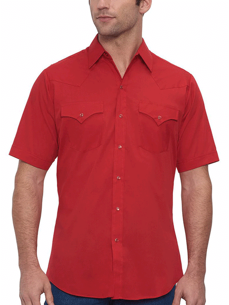 Ely Cattleman 15201605-70 Mens Short Sleeve Solid Western Shirt Red front view untucked. If you need any assistance with this item or the purchase of this item please call us at five six one seven four eight eight eight zero one Monday through Saturday 10:00a.m EST to 8:00 p.m EST