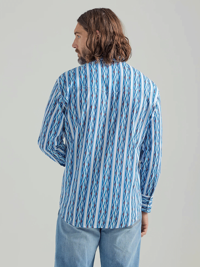 Wrangler 112324789 Mens Checotah Long Sleeve Western Snap Printed Shirt Blue front view. If you need any assistance with this item or the purchase of this item please call us at five six one seven four eight eight eight zero one Monday through Saturday 10:00a.m EST to 8:00 p.m EST