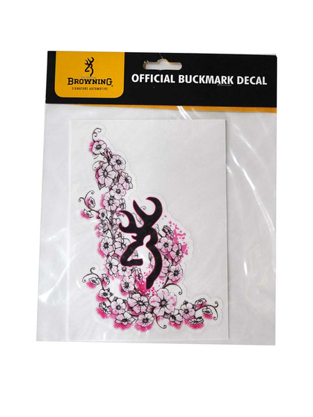 Browning Logo Official Buckmark Flower Pink Black Decal Sticker packagung view. If you need any assistance with this item or the purchase of this item please call us at five six one seven four eight eight eight zero one Monday through Saturday 10:00a.m EST to 8:00 p.m EST
