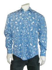 Rockmount 6733 Mens Bison Bandana Print Western Shirt Blue front view. If you need any assistance with this item or the purchase of this item please call us at five six one seven four eight eight eight zero one Monday through Saturday 10:00a.m EST to 8:00 p.m EST