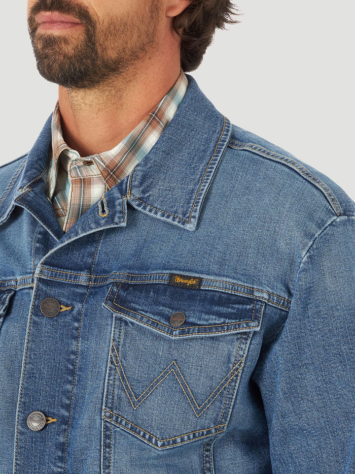 Wrangler 112318303 Mens Retro Denim Jacket Antique Navy front view. If you need any assistance with this item or the purchase of this item please call us at five six one seven four eight eight eight zero one Monday through Saturday 10:00a.m EST to 8:00 p.m EST