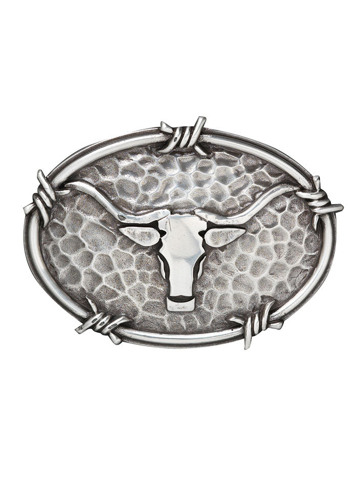 Ariat A37050 Mens Oval Steer Head Barbwire Edging Buckle Antique Silver front view. If you need any assistance with this item or the purchase of this item please call us at five six one seven four eight eight eight zero one Monday through Saturday 10:00a.m EST to 8:00 p.m EST