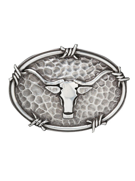 Ariat A37050 Mens Oval Steer Head Barbwire Edging Buckle Antique Silver front view. If you need any assistance with this item or the purchase of this item please call us at five six one seven four eight eight eight zero one Monday through Saturday 10:00a.m EST to 8:00 p.m EST