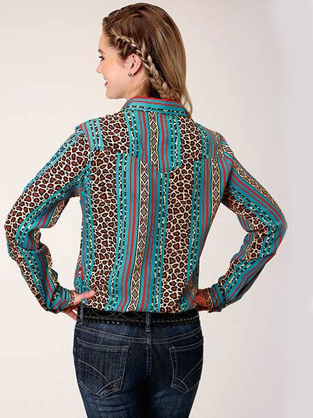 Roper 03-050-0590-0148 Womens Leopard Stripe Printed Rayon Western Blouse Multi back view. If you need any assistance with this item or the purchase of this item please call us at five six one seven four eight eight eight zero one Monday through Saturday 10:00a.m EST to 8:00 p.m EST