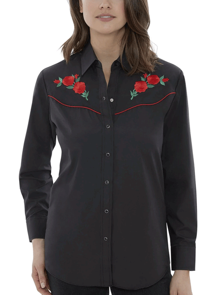 Ely Cattleman 15303801-88 Womens Red Rose Embroidery Long Sleeve Western Shirt Black front view untucked. If you need any assistance with this item or the purchase of this item please call us at five six one seven four eight eight eight zero one Monday through Saturday 10:00a.m EST to 8:00 p.m EST