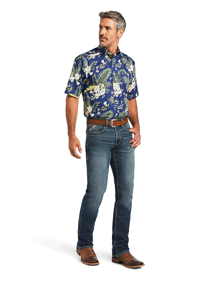 Ariat 10040725 Mens Wrinkle Free Ephraim Short Sleeve Shirt Nocturnal Blue front view. If you need any assistance with this item or the purchase of this item please call us at five six one seven four eight eight eight zero one Monday through Saturday 10:00a.m EST to 8:00 p.m EST