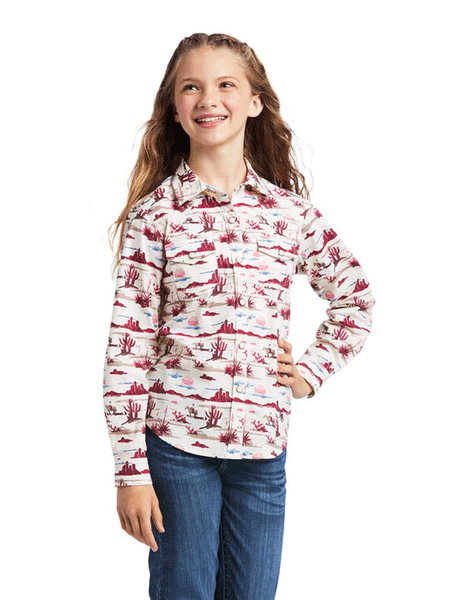 Ariat 10039507 Girls Snap LS Shirt Yuma Landscape Print full front view. If you need any assistance with this item or the purchase of this item please call us at five six one seven four eight eight eight zero one Monday through Saturday 10:00a.m EST to 8:00 p.m EST