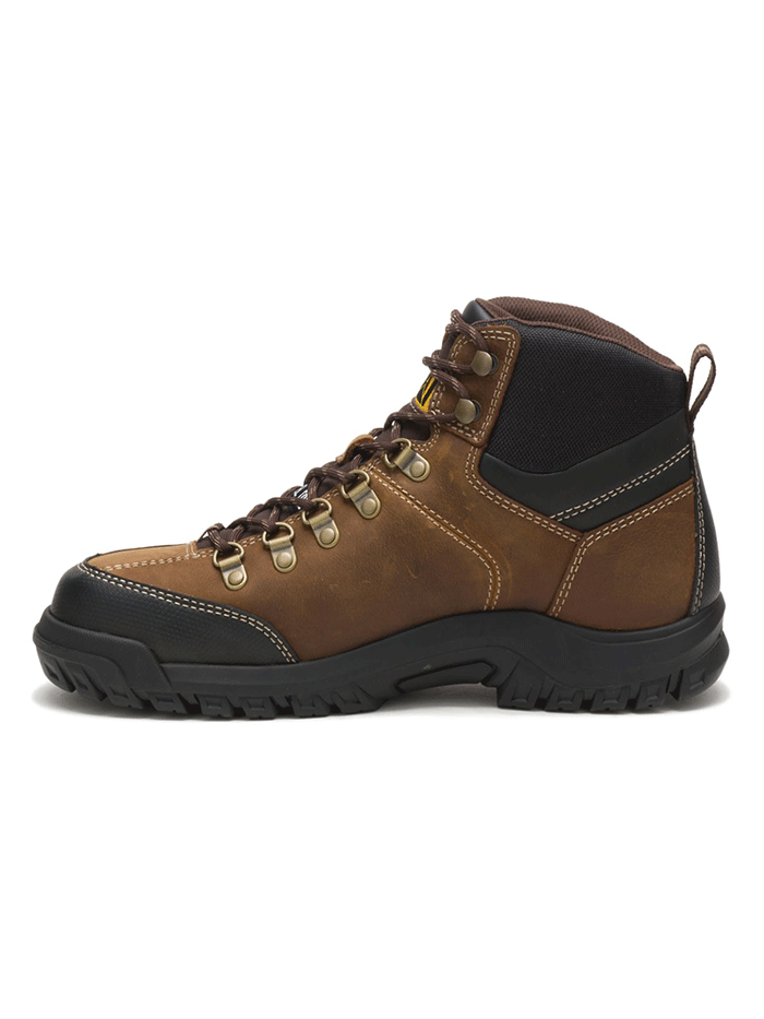 Caterpillar P90935 Mens Threshold Waterproof Steel Toe Work Boot Real Brown front-side view. If you need any assistance with this item or the purchase of this item please call us at five six one seven four eight eight eight zero one Monday through Saturday 10:00a.m EST to 8:00 p.m EST