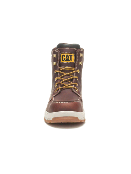 Caterpillar P91402 Mens Impact Waterproof Carbon Composite Toe Work Boot Friar Brown front view. If you need any assistance with this item or the purchase of this item please call us at five six one seven four eight eight eight zero one Monday through Saturday 10:00a.m EST to 8:00 p.m EST