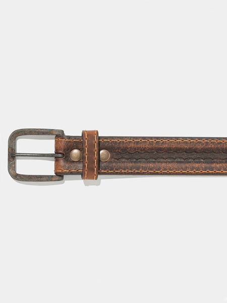 Vintage Bison VB-64062 Mens Big Timber Leather Belt Mocha front of buckle detail . If you need any assistance with this item or the purchase of this item please call us at five six one seven four eight eight eight zero one Monday through Saturday 10:00a.m EST to 8:00 p.m EST