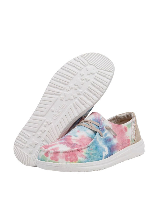 Hey Dude 121419863 Womens Wendy Boho Shoe Mandala Tie Dye front view and sole view. If you need any assistance with this item or the purchase of this item please call us at five six one seven four eight eight eight zero one Monday through Saturday 10:00a.m EST to 8:00 p.m EST