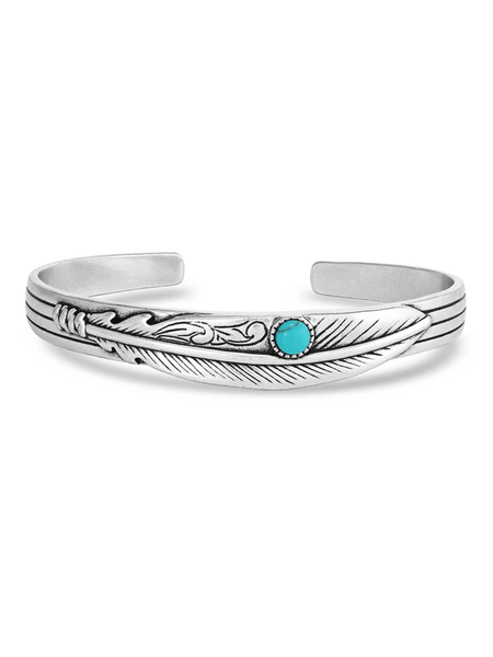Montana Silversmiths BC5486 Womens Solo Flight Turquoise Feather Cuff Bracelet Silver front view. If you need any assistance with this item or the purchase of this item please call us at five six one seven four eight eight eight zero one Monday through Saturday 10:00a.m EST to 8:00 p.m EST