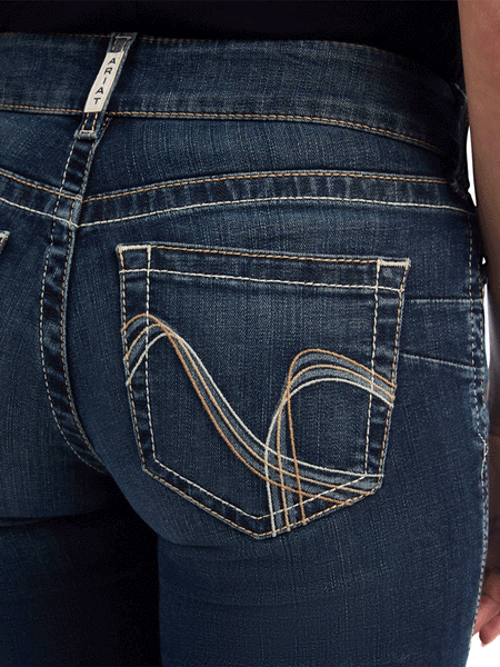 Ariat 10042182 Womens REAL Freesia Straight Jean Pasadena back pocket close up. If you need any assistance with this item or the purchase of this item please call us at five six one seven four eight eight eight zero one Monday through Saturday 10:00a.m EST to 8:00 p.m EST
