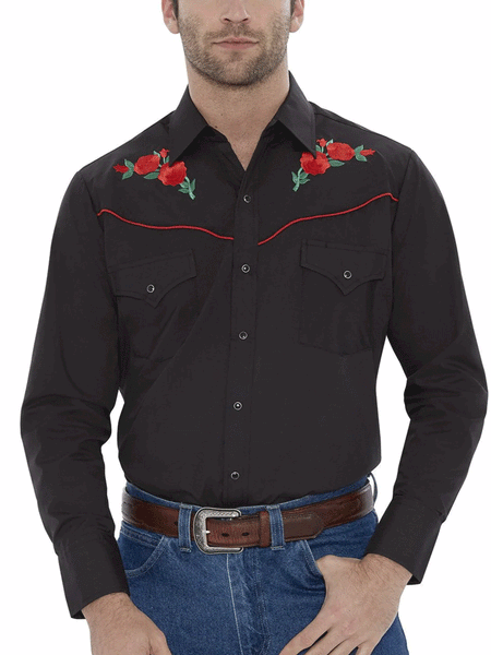 Ely Cattleman 15203901-88 Mens Rose Embroidery Long Sleeve Western Shirt Black front view tucked in. If you need any assistance with this item or the purchase of this item please call us at five six one seven four eight eight eight zero one Monday through Saturday 10:00a.m EST to 8:00 p.m EST