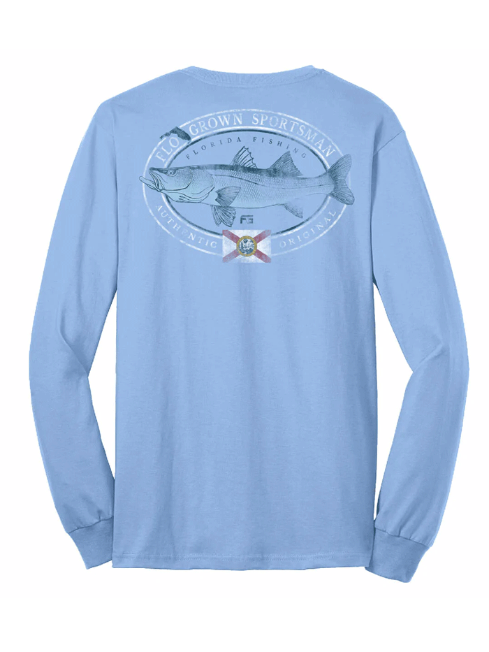 FloGrown FGM-3107 Snook Mount Long Sleeve Tee Light Blue back view. If you need any assistance with this item or the purchase of this item please call us at five six one seven four eight eight eight zero one Monday through Saturday 10:00a.m EST to 8:00 p.m EST