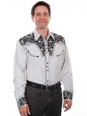 Scully P-634-STE Mens Floral Tooled Embroidery Western Shirt Steel front view. If you need any assistance with this item or the purchase of this item please call us at five six one seven four eight eight eight zero one Monday through Saturday 10:00a.m EST to 8:00 p.m EST