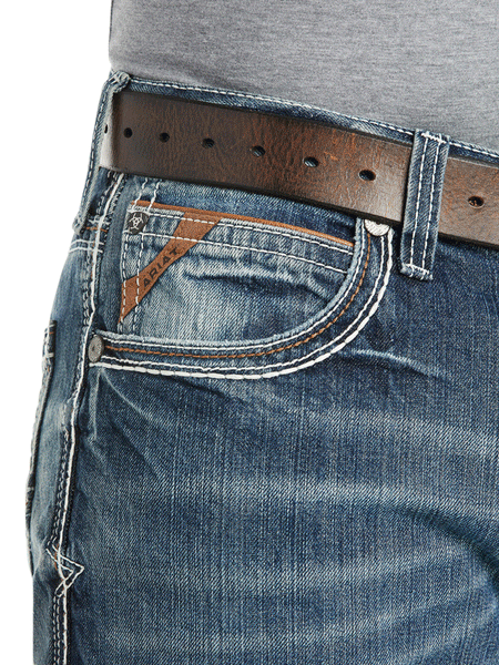 Ariat 10017511 Mens M4 Low Rise Coltrane Boot Cut Jean Durango front pocket close up. If you need any assistance with this item or the purchase of this item please call us at five six one seven four eight eight eight zero one Monday through Saturday 10:00a.m EST to 8:00 p.m EST