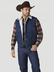 Wrangler 74131PW Mens Sherpa Lined Denim Vest Prewashed front view. If you need any assistance with this item or the purchase of this item please call us at five six one seven four eight eight eight zero one Monday through Saturday 10:00a.m EST to 8:00 p.m EST