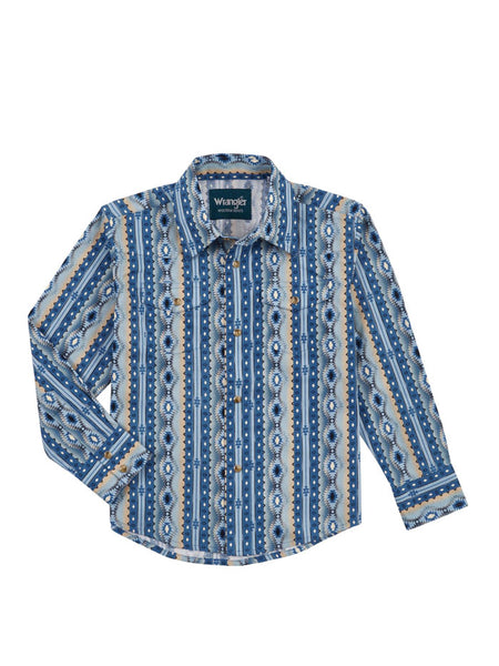 Wrangler 112316670 Kids Checotah Long Sleeve Shirt Blue front view. If you need any assistance with this item or the purchase of this item please call us at five six one seven four eight eight eight zero one Monday through Saturday 10:00a.m EST to 8:00 p.m EST