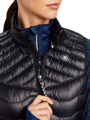 Ariat 10041378 Womens Ideal Down Vest Ir Black zipper close up. If you need any assistance with this item or the purchase of this item please call us at five six one seven four eight eight eight zero one Monday through Saturday 10:00a.m EST to 8:00 p.m EST