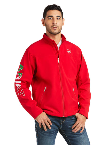 Ariat 10033525 Mens New Team Softshell MEXICO Jacket Red front view. If you need any assistance with this item or the purchase of this item please call us at five six one seven four eight eight eight zero one Monday through Saturday 10:00a.m EST to 8:00 p.m EST