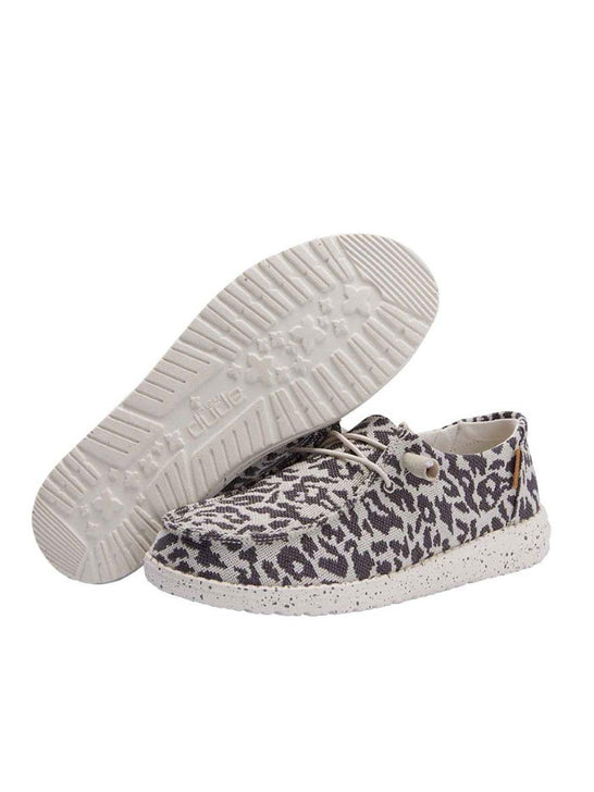 Hey Dude 121413091 Ladies Wendy Wooven Cheetah Grey front view and sole view. If you need any assistance with this item or the purchase of this item please call us at five six one seven four eight eight eight zero one Monday through Saturday 10:00a.m EST to 8:00 p.m EST