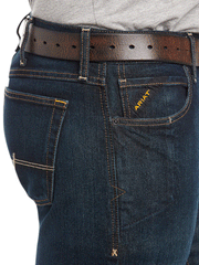 Ariat 10034627 Mens Rebar M7 Slim DuraStretch Basic Stackable Straight Leg Jean Blackstone side close up. If you need any assistance with this item or the purchase of this item please call us at five six one seven four eight eight eight zero one Monday through Saturday 10:00a.m EST to 8:00 p.m EST