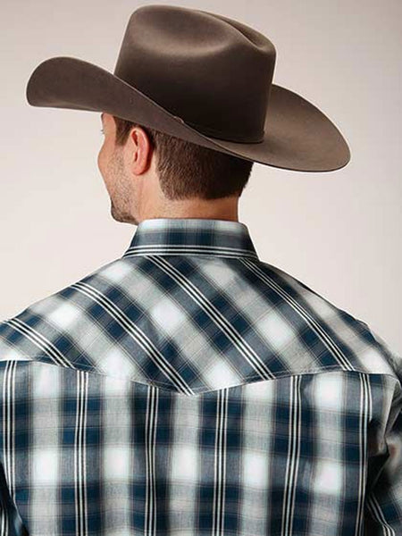Roper 03-001-0278-1047 Mens Amarillo Collection Starry Night Plaid Shirt Blue back view. If you need any assistance with this item or the purchase of this item please call us at five six one seven four eight eight eight zero one Monday through Saturday 10:00a.m EST to 8:00 p.m EST