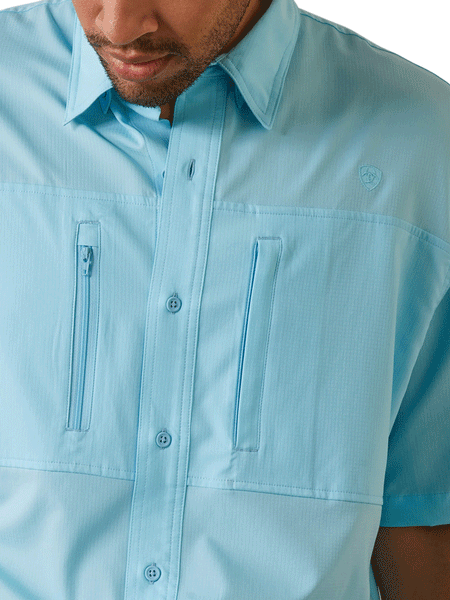 Ariat 10043511 Mens VentTEK Classic Fit Shirt Cenote Aqua front close up. If you need any assistance with this item or the purchase of this item please call us at five six one seven four eight eight eight zero one Monday through Saturday 10:00a.m EST to 8:00 p.m EST